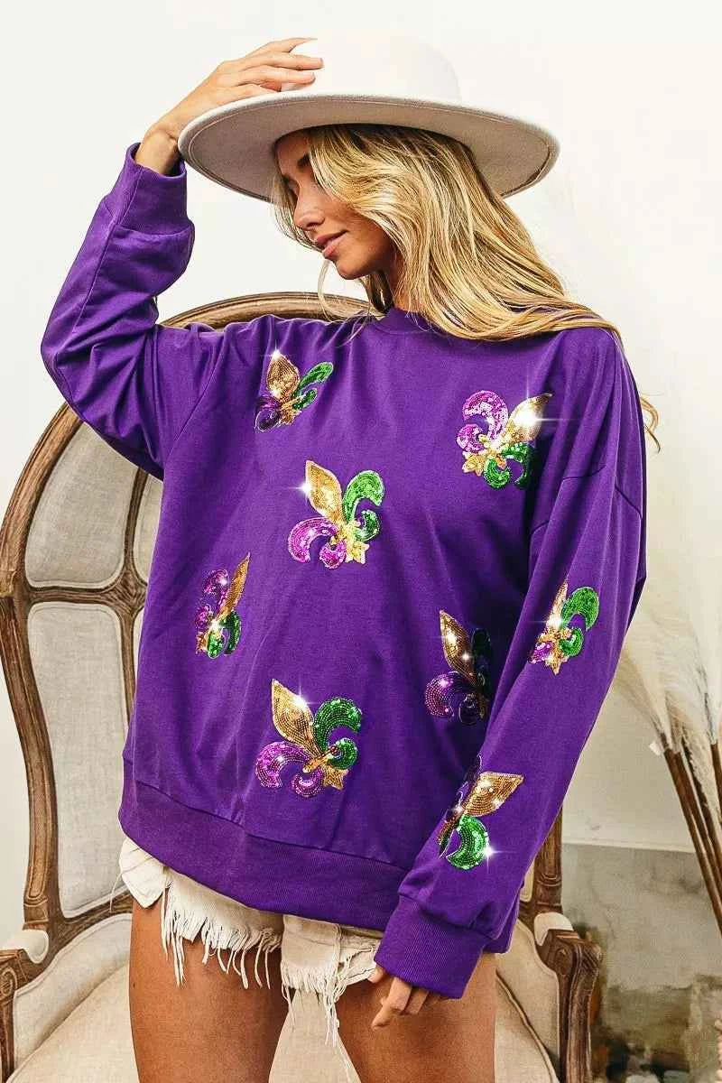 BiBi Fleur De Lis Sequin Patches Mardi Gras Sweatshirt d90ad298010e4b05bc59ba87c41b52ab-Max-Origin