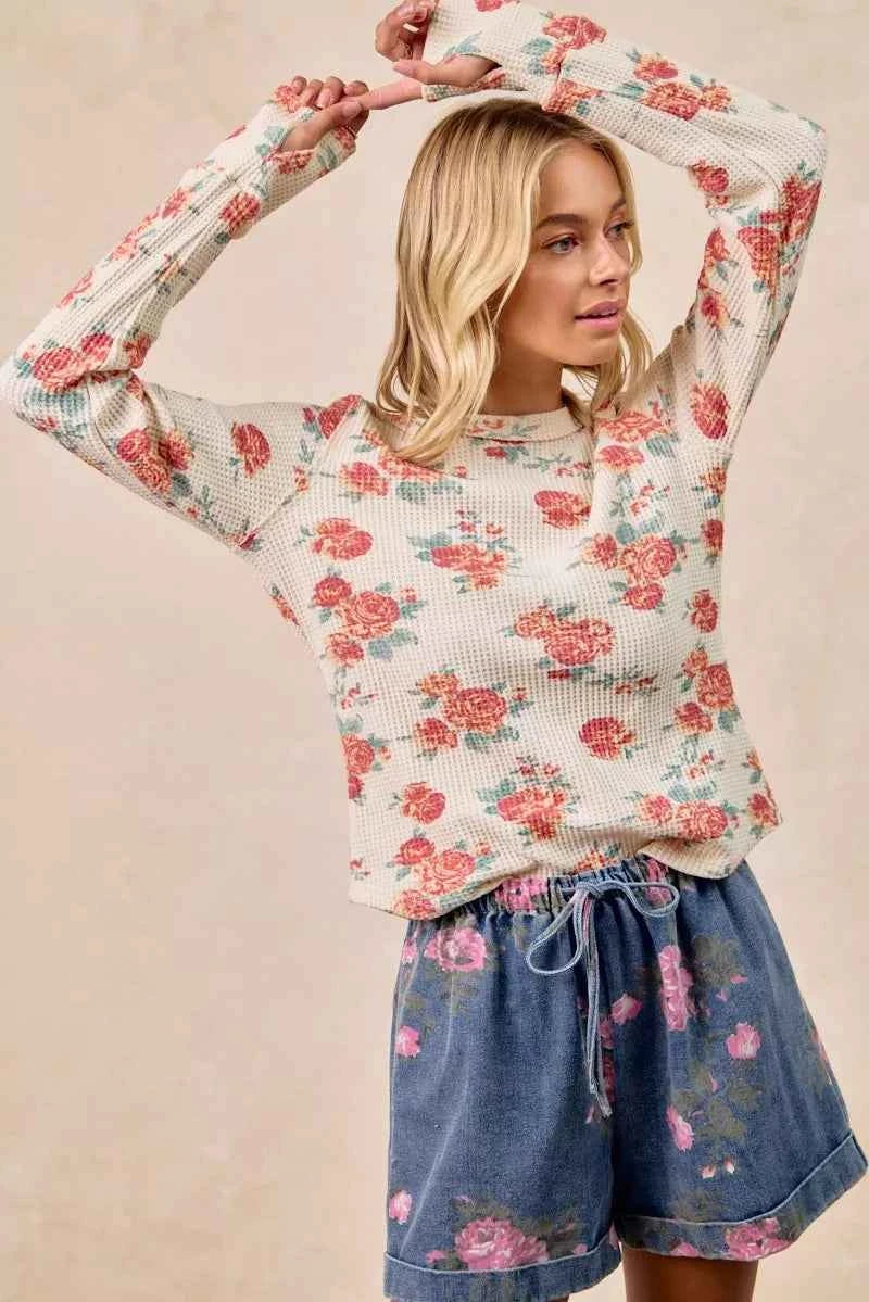 BiBi Floral Print Washed Waffle Thermal Top With Thumb d90b974d30bb4275a9ca5a5b254dab3b-Max-Origin