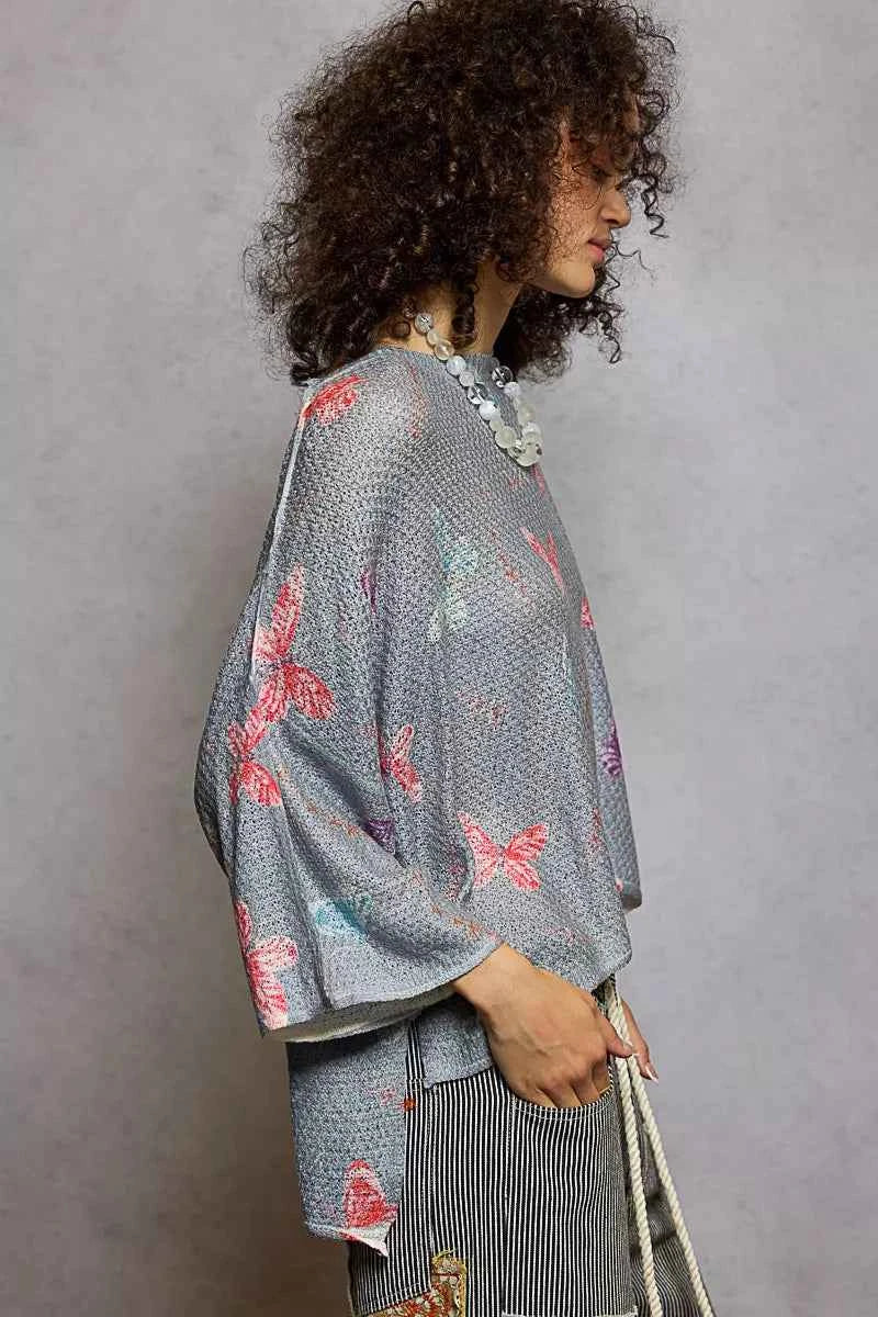 POL Butterflies Pattern Round Neck knit Top with Outseam Rolling Edge d90ba3f2-533d-4c60-9755-cca06c35be8d-Max-Origin