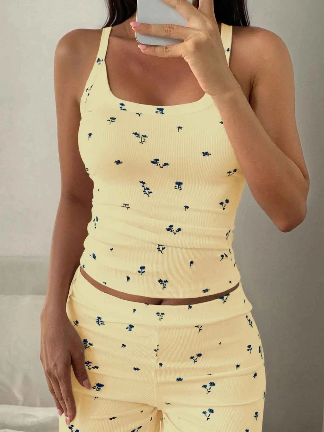 Floral Ribbed Cami and Wide Leg Pants Set Yellow d90ce3df-d5fe-40ac-aed5-429e36523d8d-Max-Origin