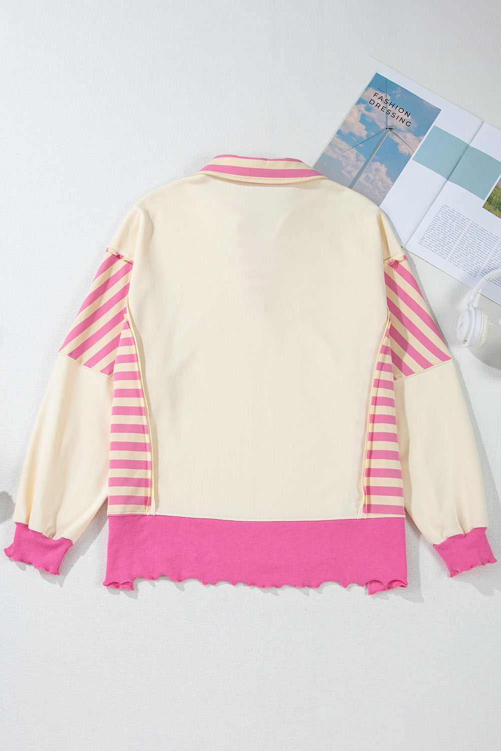 Pink Stripe Patchwork Sequin Heart Pattern Long Sleeve Collared Split Top d90e234c215b908f