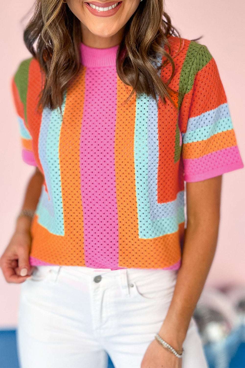 Orange Colorblock Eyelet Casual Knit T Shirt Orange d90fe7cdffbca830-_1