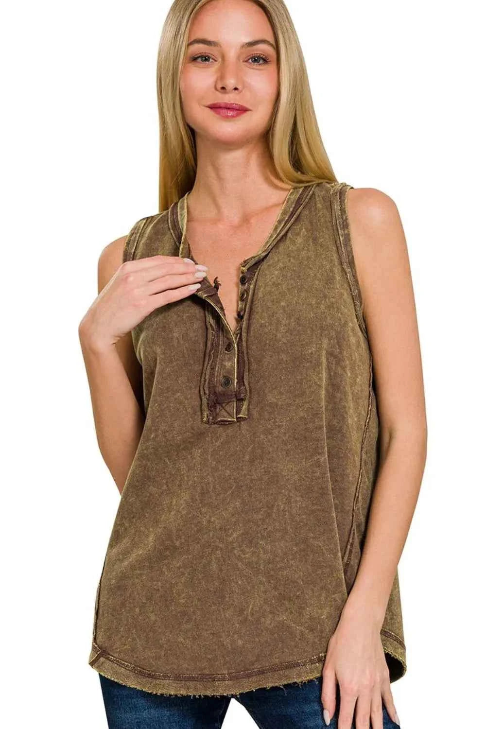 Washed Half-Button Raw Edge Sleeveless Henley Top MAHOGANY d9101e14-2b67-4272-920b-58edc678670a-Max-Origin