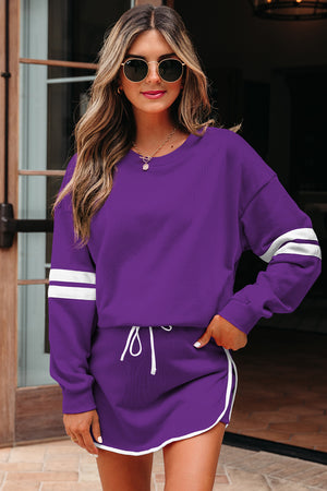 Tillandsia Purple Varsity Stripe Detail Drop Shoulder Pullover Mini Skort Set Tillandsia Purple 65%Polyester+35%Cotton d9145e00714421ec