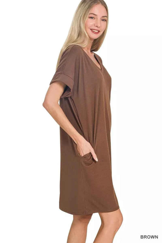 Zenana Brushed Dty Rolled Short Sleeve V-Neck Dress d9160e0e88414d5985808ddbd1c68f86-Max-Origin