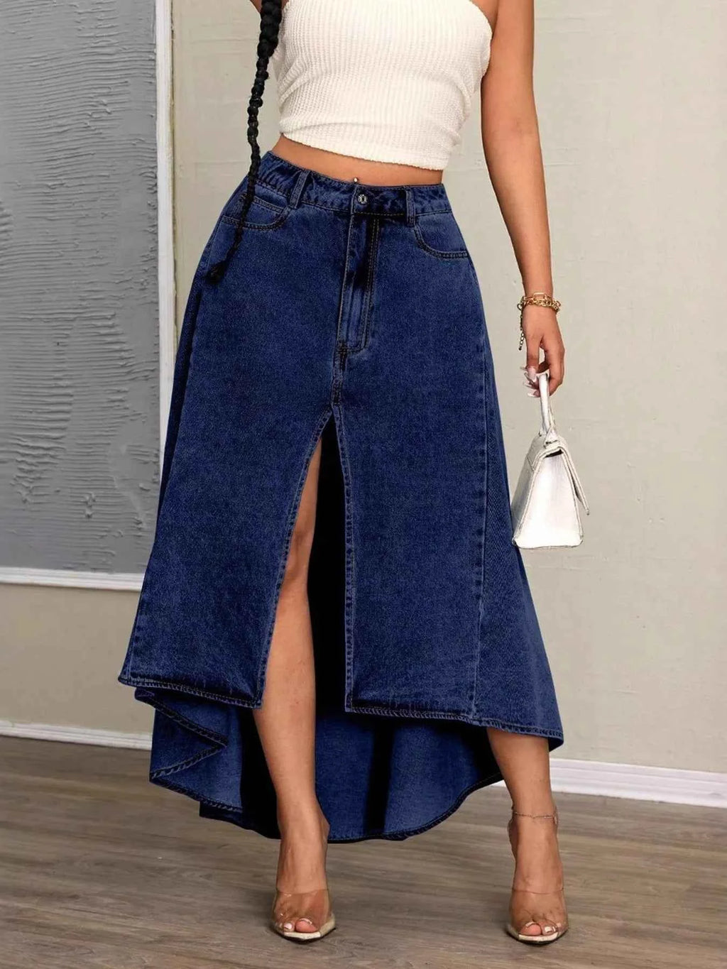 High-Low Slit Denim Skirt Dark Blue d917270081b04ad197893dc189676529-Max-Origin