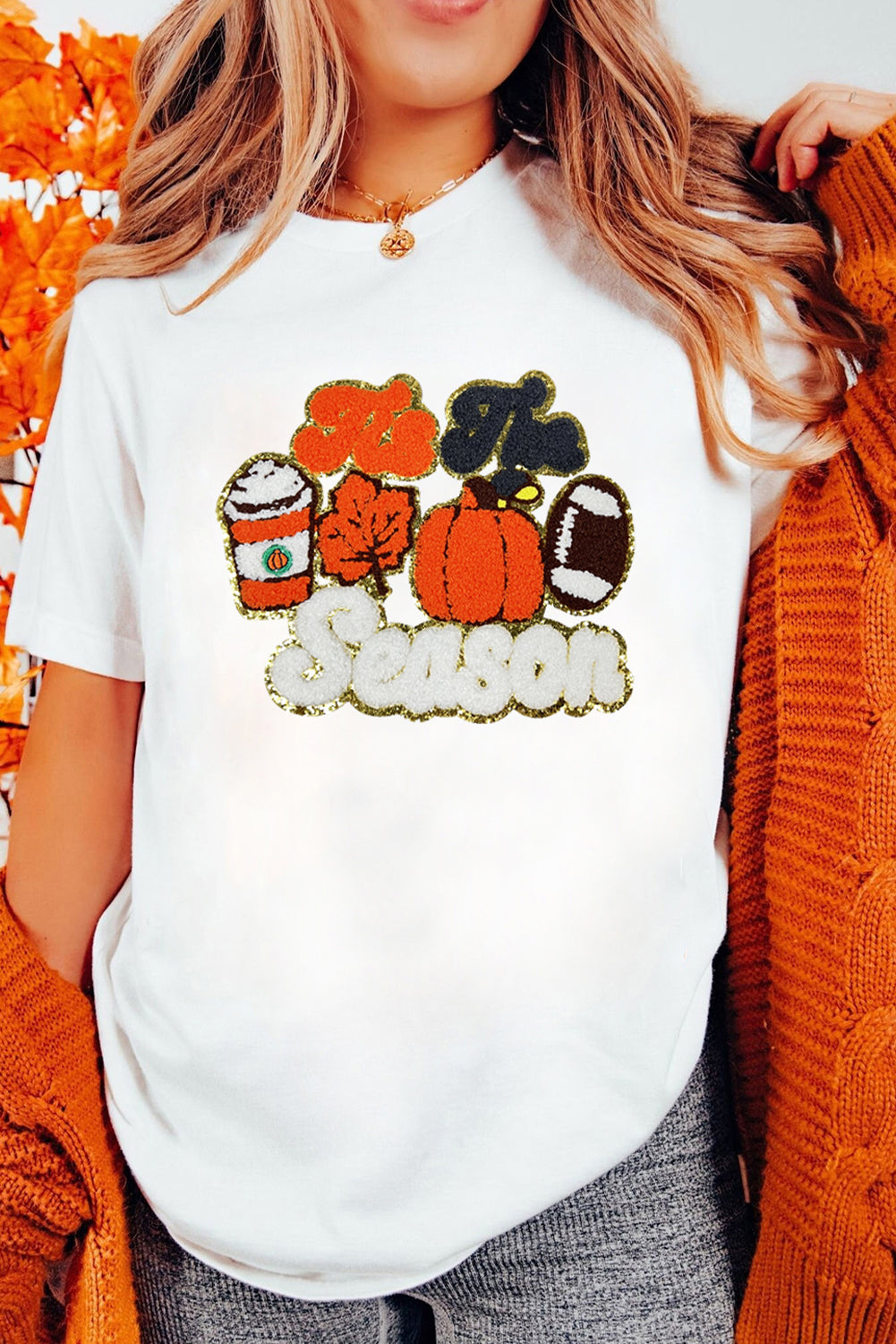 White Iis The Season Pumpkin Spice Terry Flocking Graphic Crewneck T Shirt d91971a69f45788e