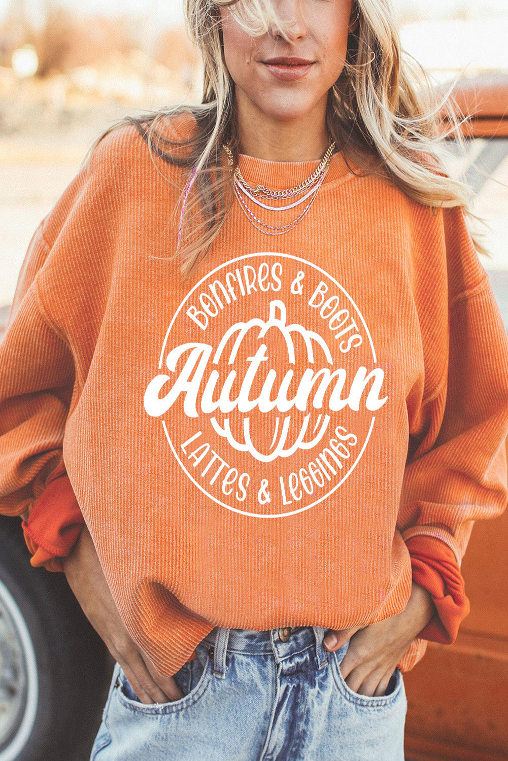Orange Pumpkin Graphic Print Corded Oversized Sweatshirt d92224ddf3b962f9