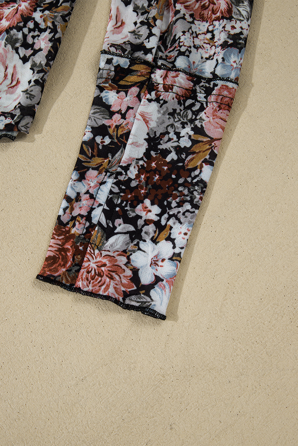 Brown Floral Print Mesh Mock Neck Slim Top d926d977cb2f526a