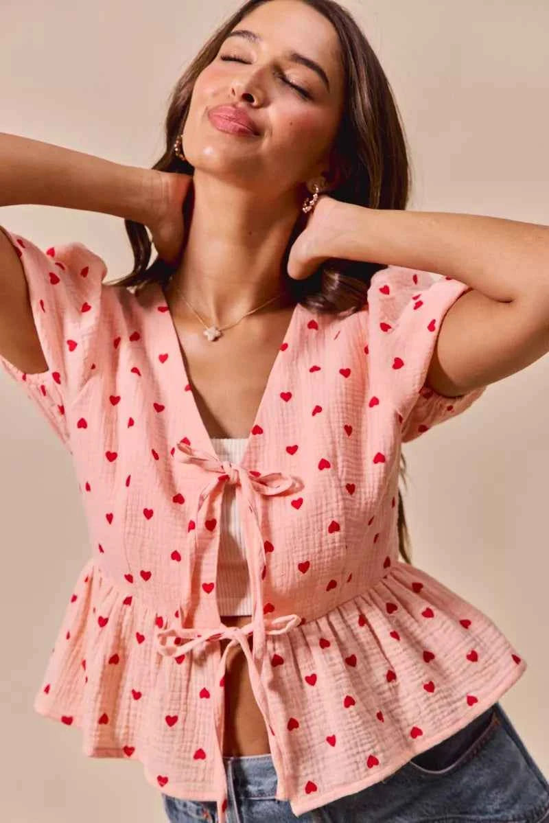 SO ME All Over Heart Ribbon Tie Baby Doll Valentine Blouse d9290e5981ac47c79bd6d49710fafaf9-Max-Origin