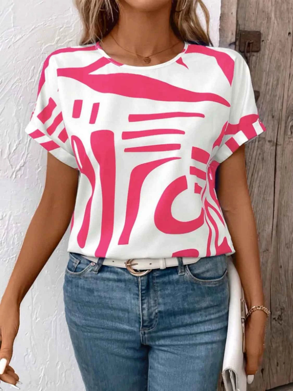 Contrast Round Neck Short Sleeve Blouse d92c292c-3365-4fb7-b9e8-aa0ae519d5b2-Max-Origin
