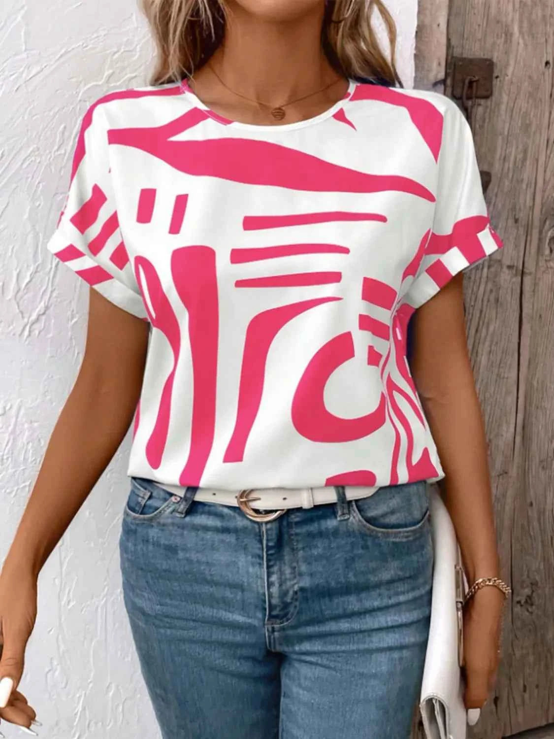 Contrast Round Neck Short Sleeve Blouse d92c292c-3365-4fb7-b9e8-aa0ae519d5b2-Max-Origin