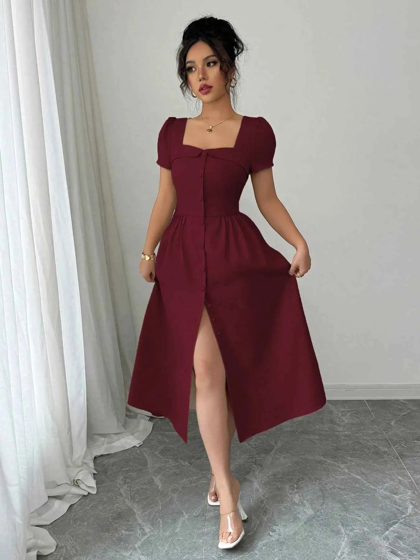 Square Neck Puff Sleeve Midi Dress d930282e-0da9-42e1-9a43-87ac7165f1e8-Max-Origin