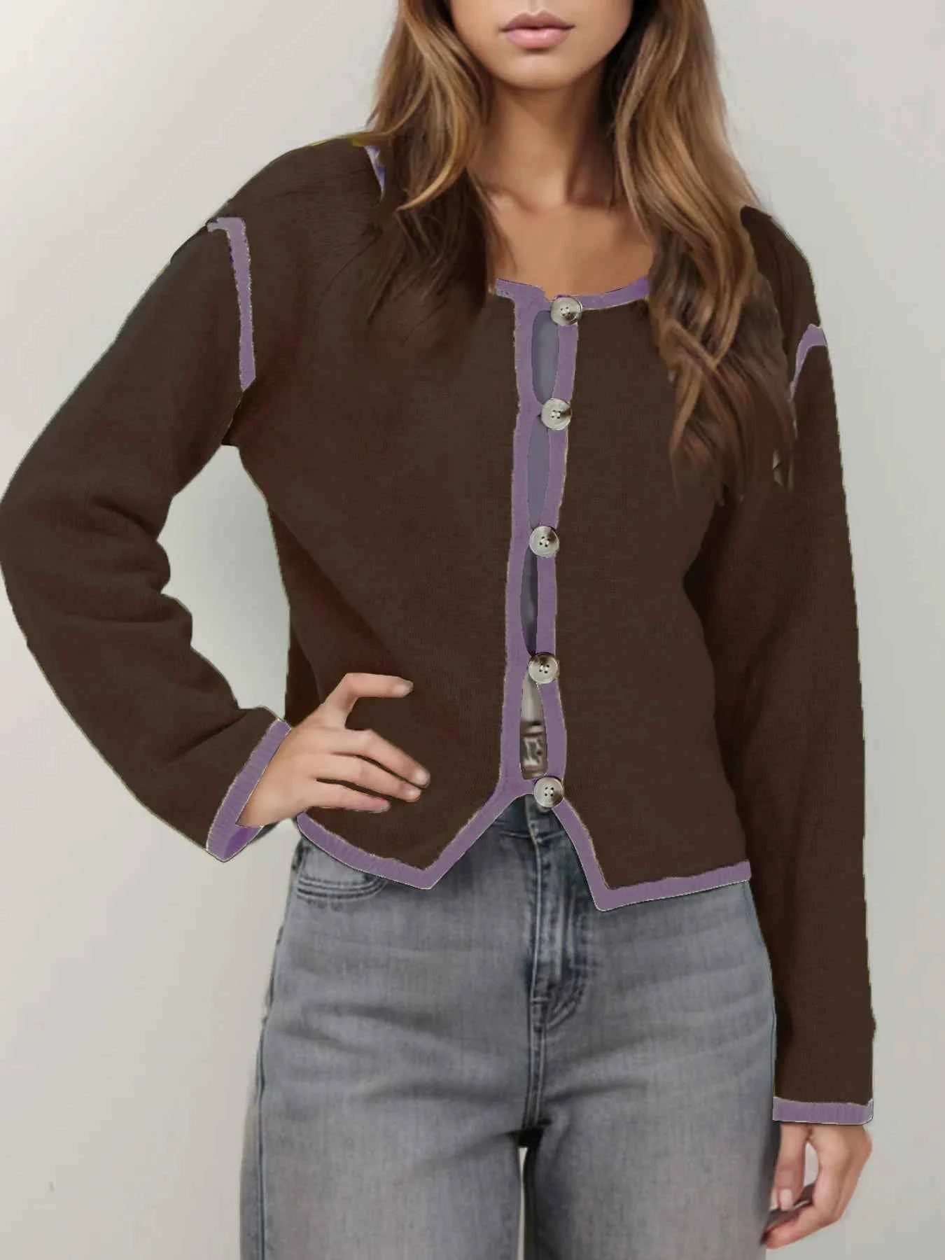 Button-Front Cardigan with Contrast Trim Brown d931ffcd0355483ba22446faba2f507c-Max-Origin