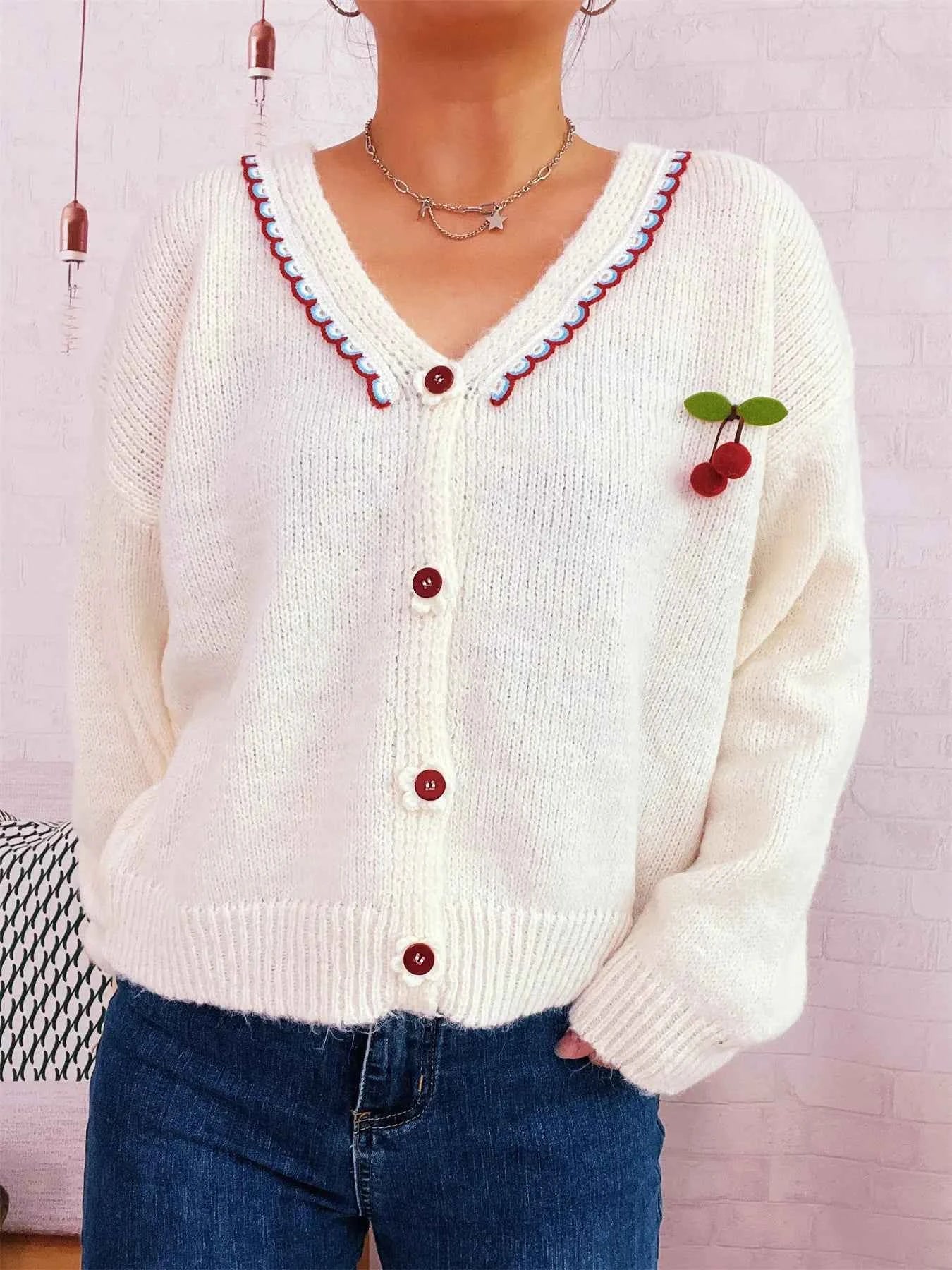 Cherry Button-Front Long Sleeve Cardigan d932af3ff5b54dc7a04f7d9a66386953-Max-Origin