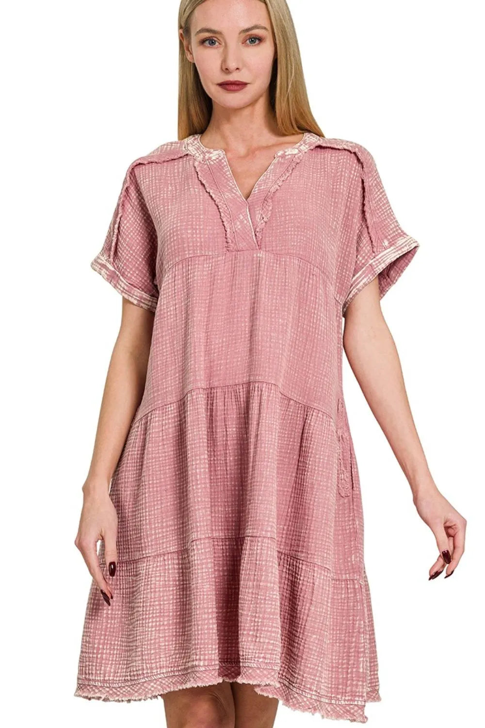 Zenana Washed Double Gauze Raw Edge V-Neck Dress LT ROSE d9335da8-c5b8-460f-be6b-837d7fff890f-Max-Origin
