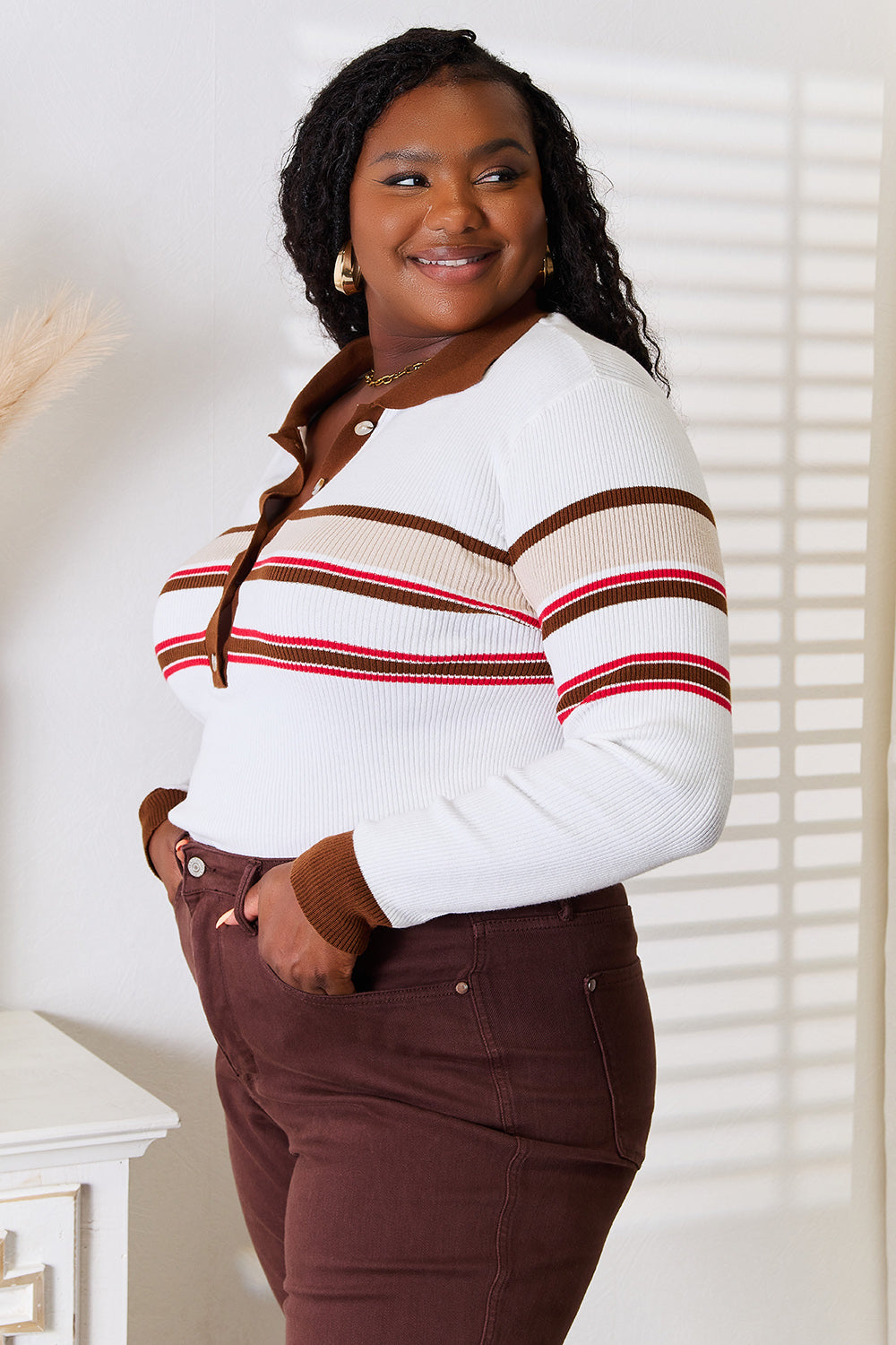 Basic Bae Striped Collared Neck Rib-Knit Top d93b6f527e3b40169f63a5748dc9a392-Max