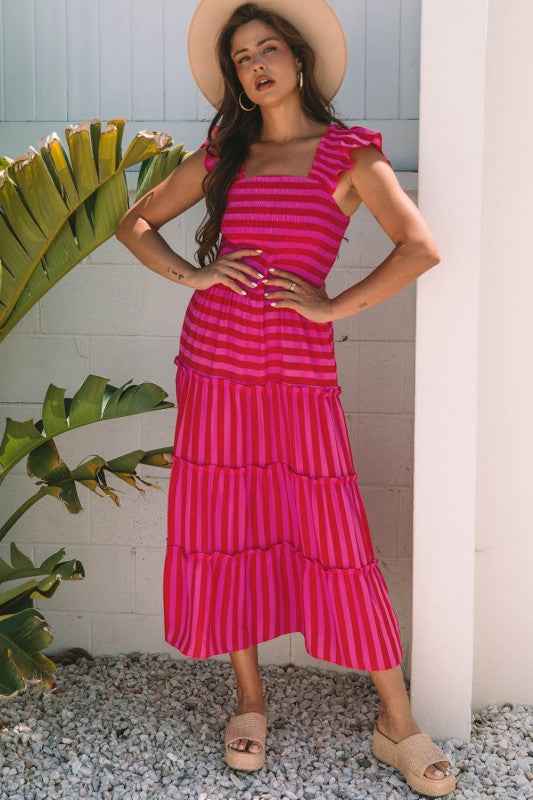 Stripe Smocked Bodice Flutter Sleeve Tiered Maxi D d9457031-03e4-4ea0-951f-fd8b451accad