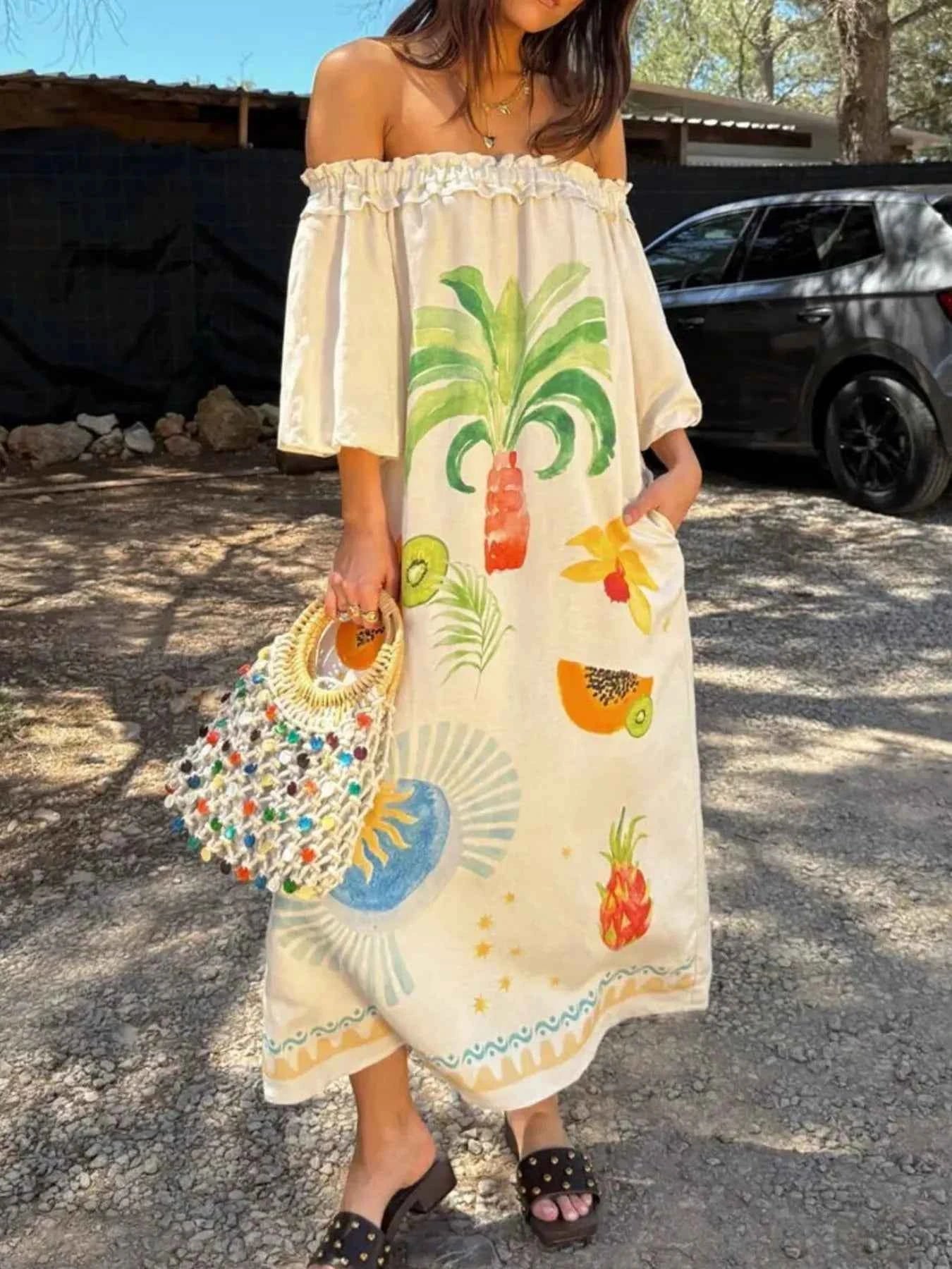 Frill Printed Off-Shoulder Dress d94573e3-3526-4272-bad3-caed7a04df4a-Max-Origin