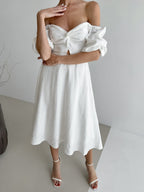 Twisted Front Puff Sleeve Midi Dress d947f23dd135454b967cd1e8a6b40dd1-Max