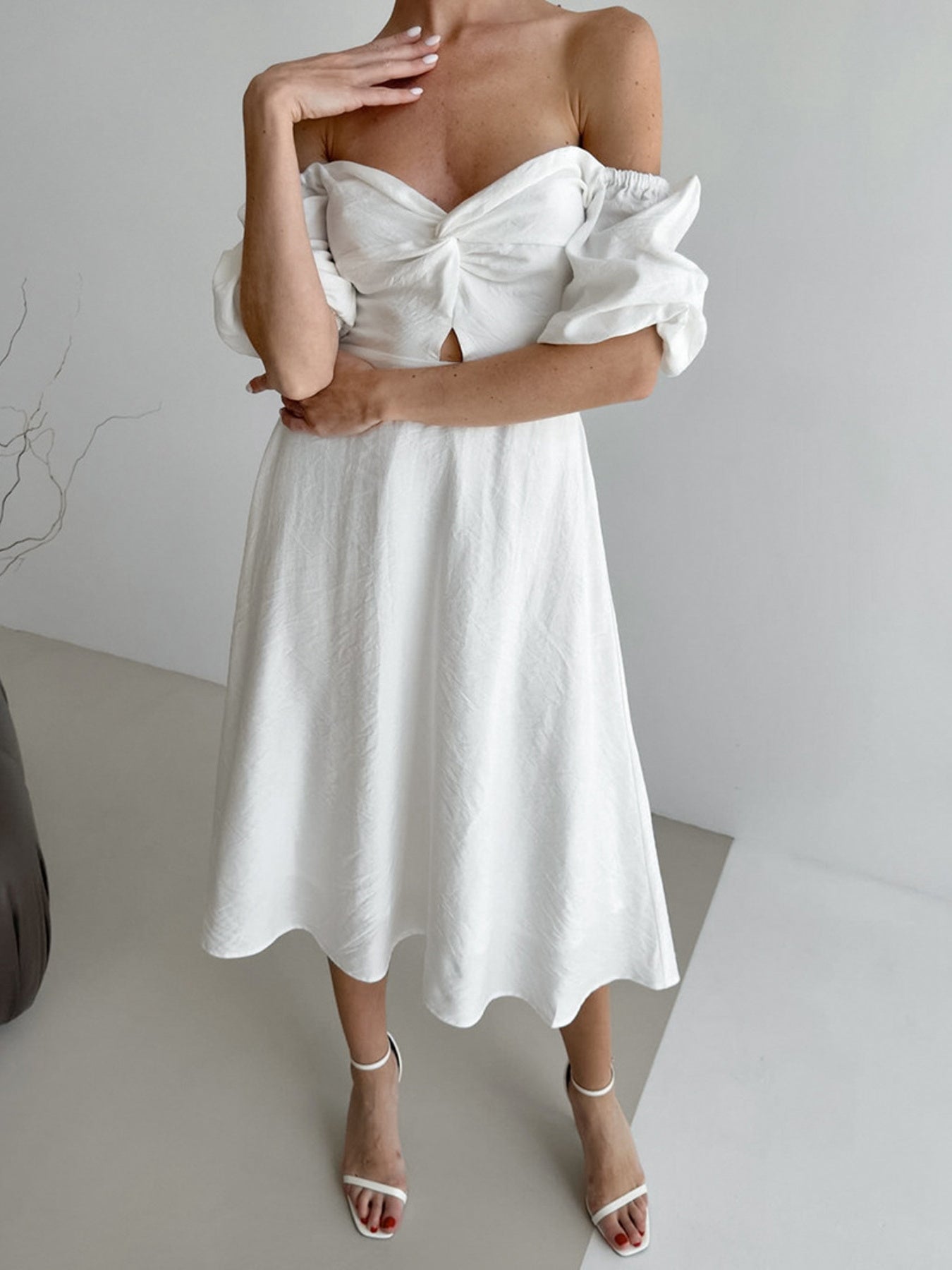 Twisted Front Puff Sleeve Midi Dress d947f23dd135454b967cd1e8a6b40dd1-Max