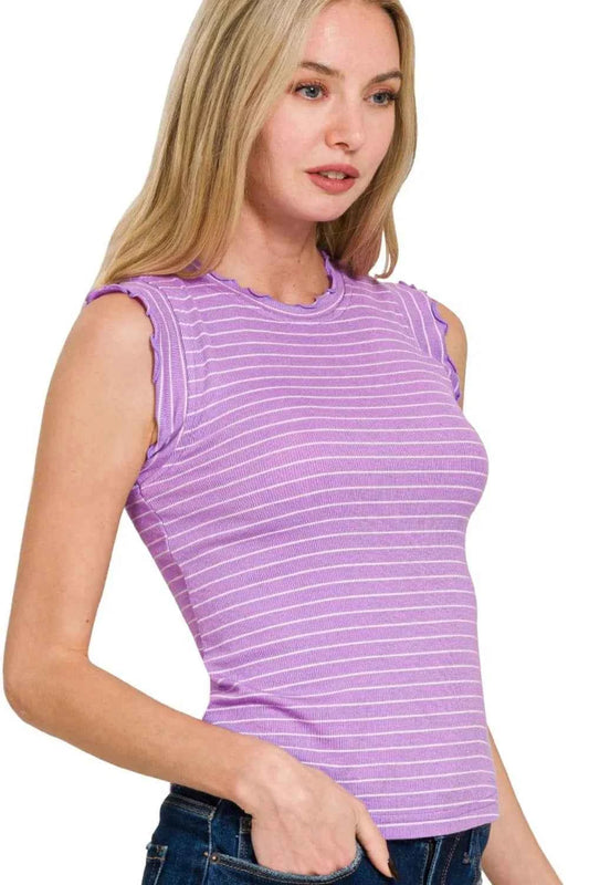 Ribbed Ruffle Trim Sleeveless Stripe Top d949396a-4cfd-4433-9e4f-3e4216c40c2c-Max-Origin