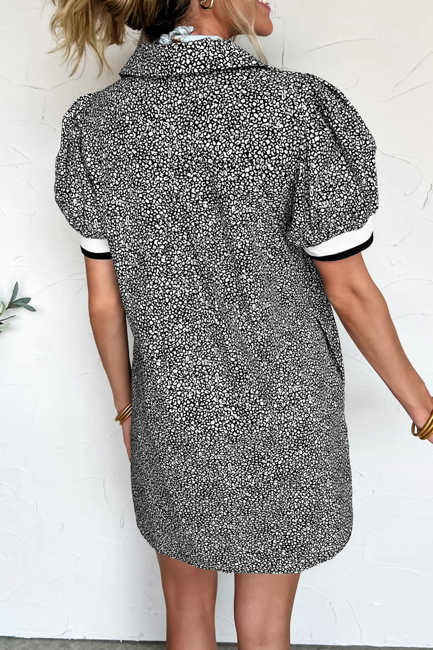 Black Leopard Print Contrast Striped Trim Polo Collar Short Sleeve Dress with Pockets d94c6f744efeec66