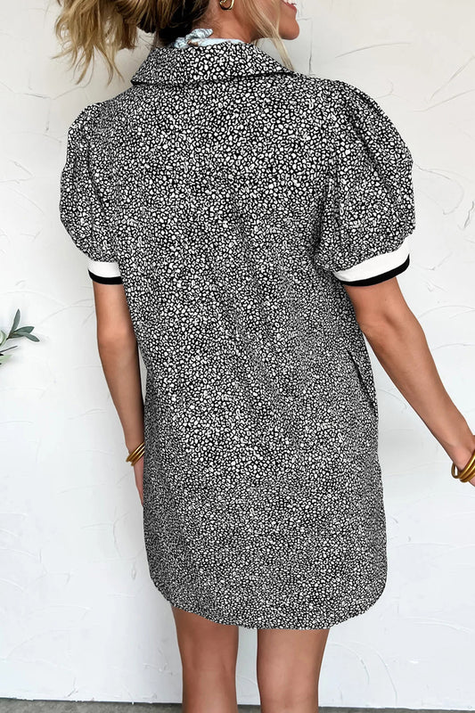 Black Leopard Print Contrast Striped Trim Polo Collar Short Sleeve Dress with Pockets d94c6f744efeec66