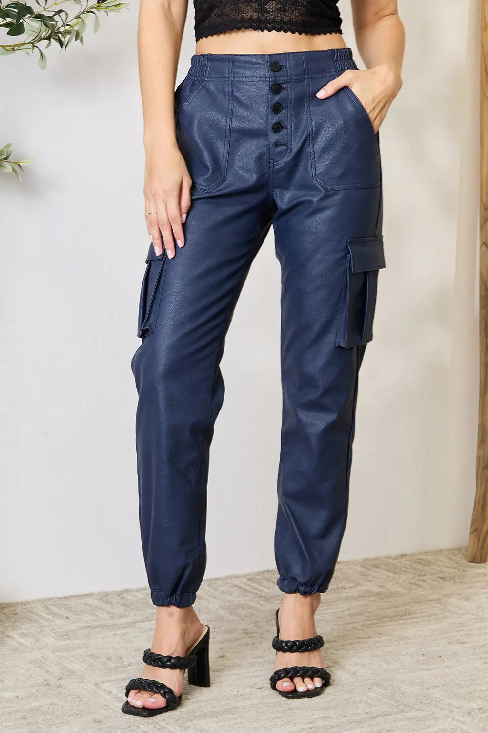 Kancan High Waist Faux Leather Cargo Joggers Dark Blue d94d3e16fa7248bc8103d17133b53342-Max