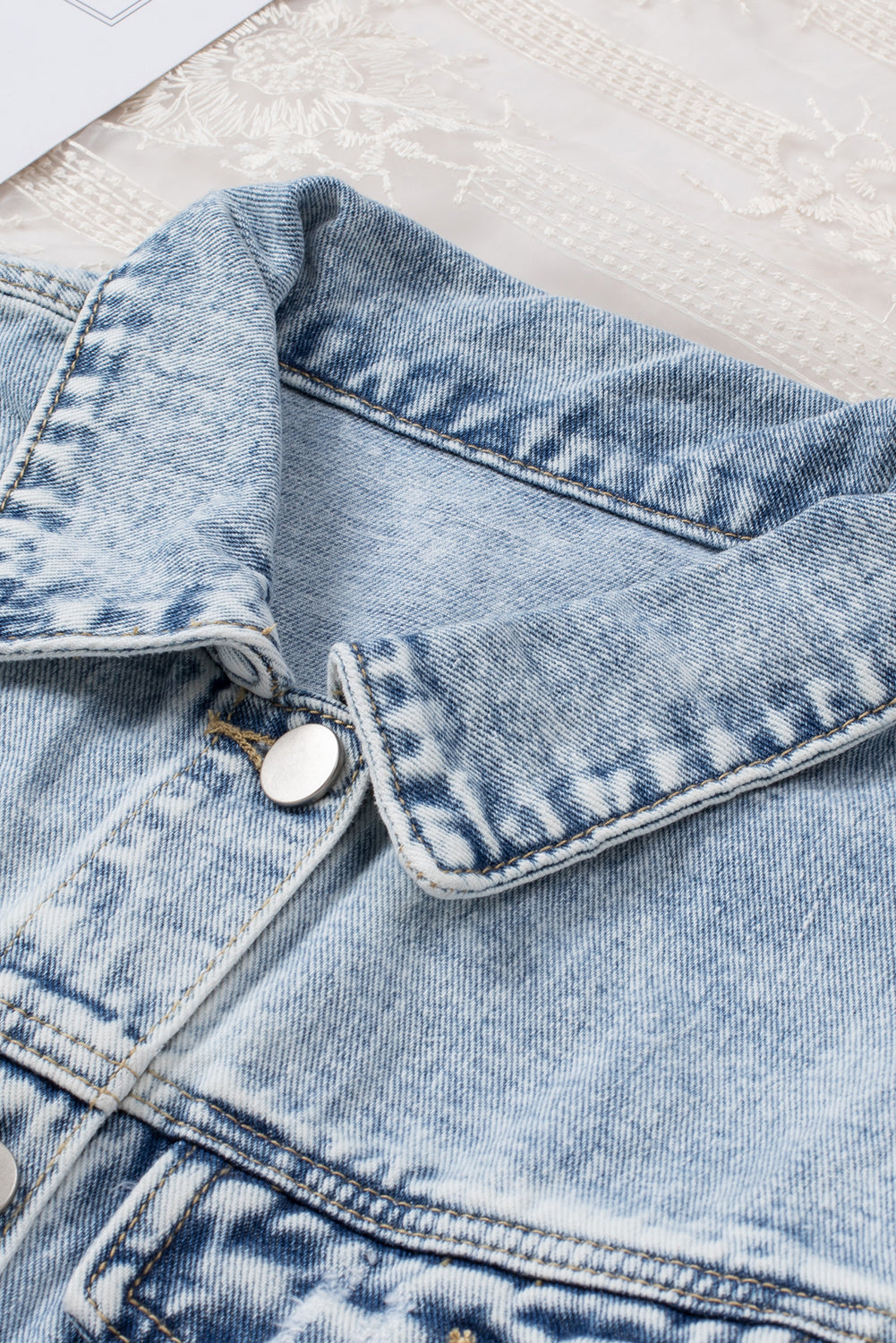 Light Blue Distressed Ripped Raw Hem Buttons Denim Jacket d9529b9199be837c