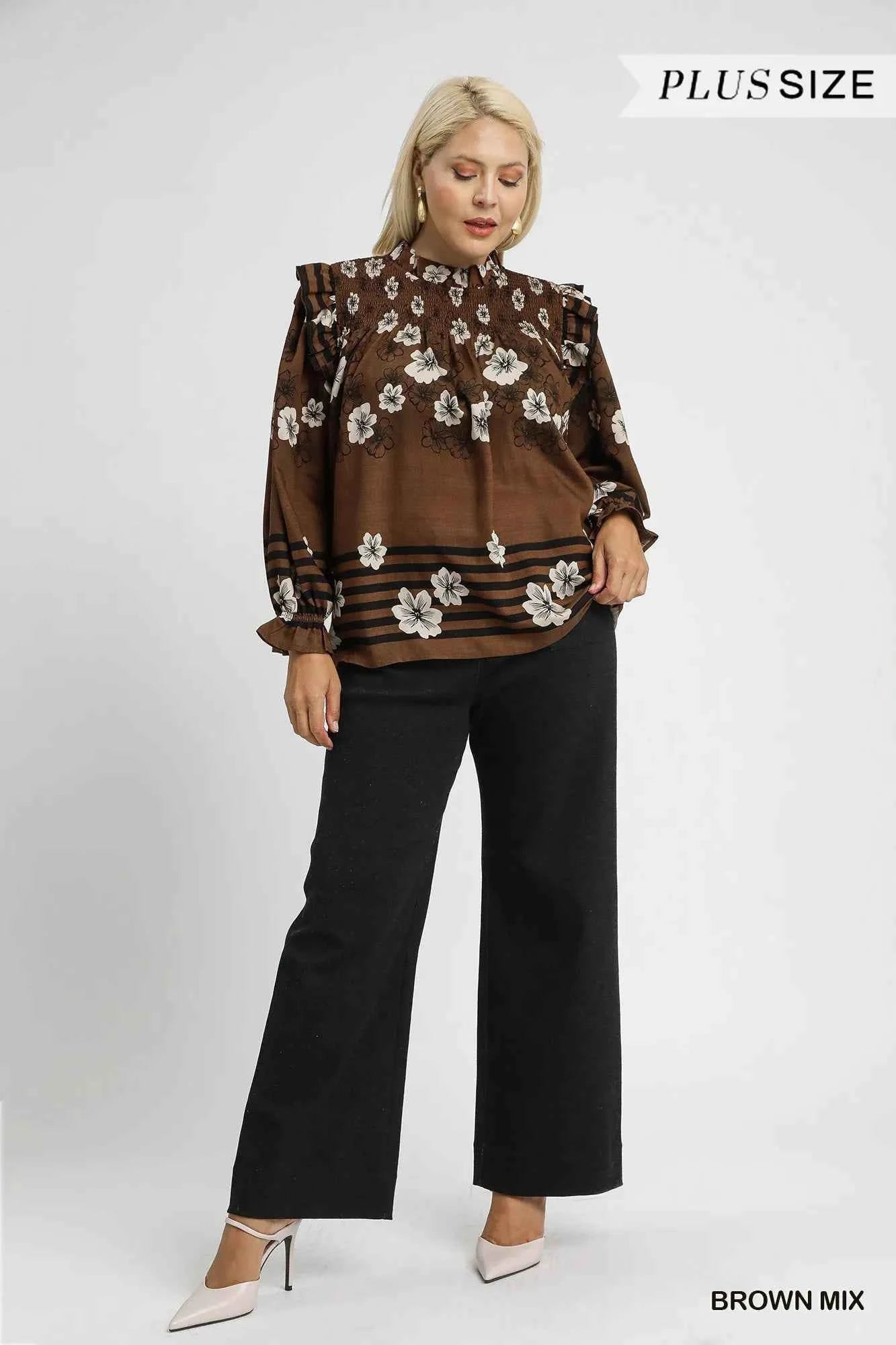 Umgee Full Size Mix Floral Smocked Ruffle Blouse Plus Size d9607055-6a62-403d-aaad-9cd11a7d74f2-Max-Origin