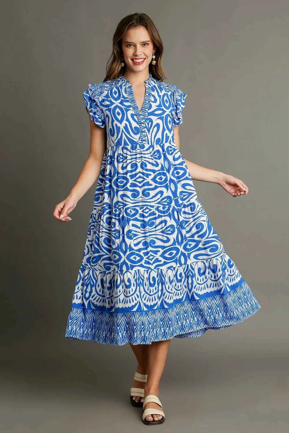 Umgee Full Size Two Tone Border Print Ruffle Cap Sleeve Midi Dress Plus Size d9641f19-291f-4ba5-85c6-3b1de774f056-Max