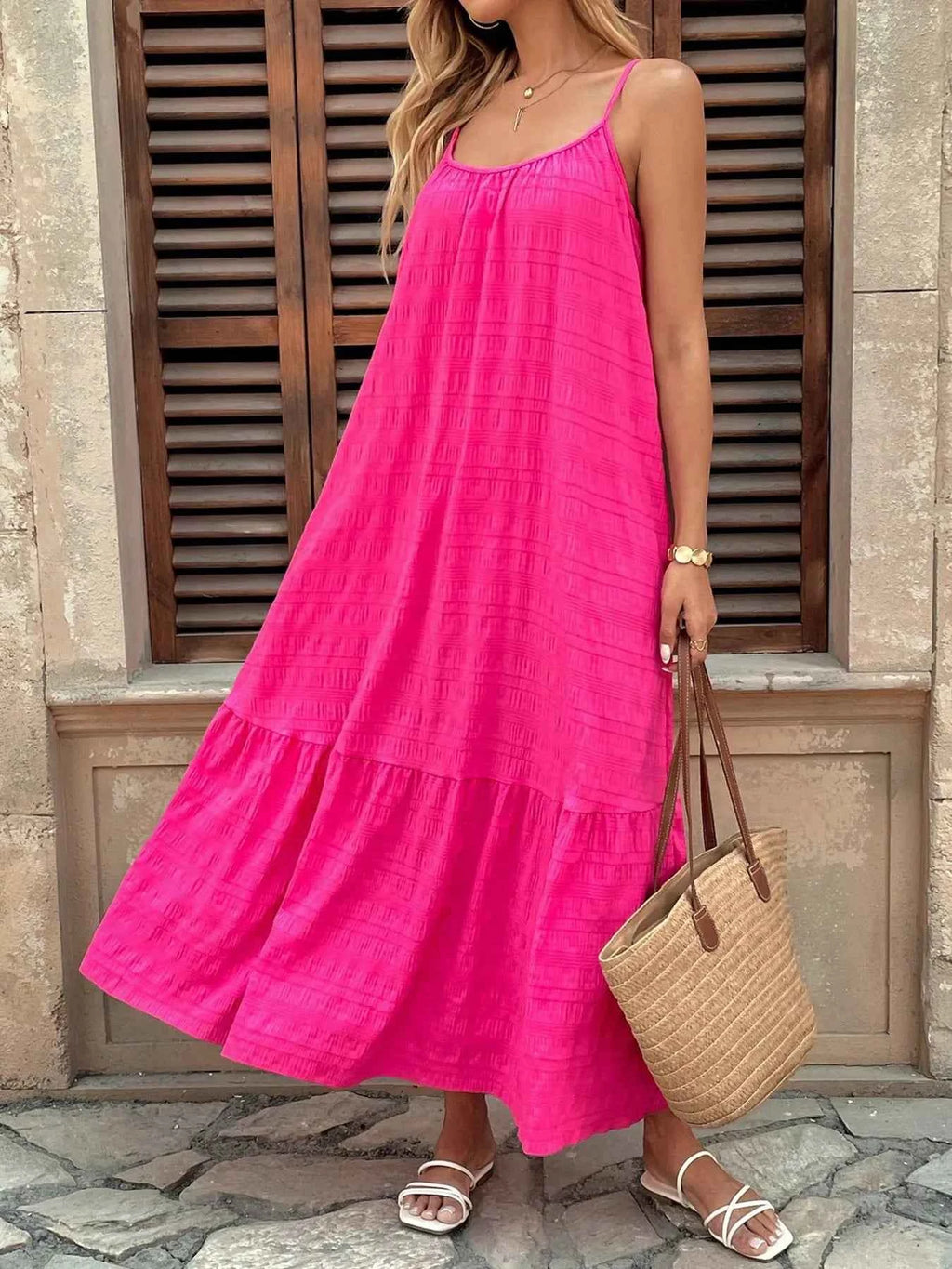 Scoop Neck Tiered Maxi Cami Dress Hot Pink d968381203e64f81ab9e02d012407cbc-Max-Origin