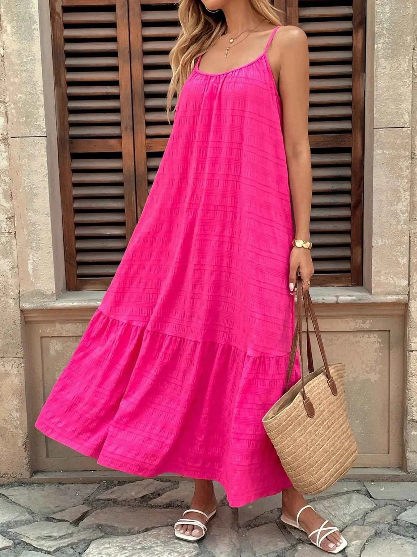 Scoop Neck Tiered Maxi Cami Dress Hot Pink d968381203e64f81ab9e02d012407cbc-Max-Origin