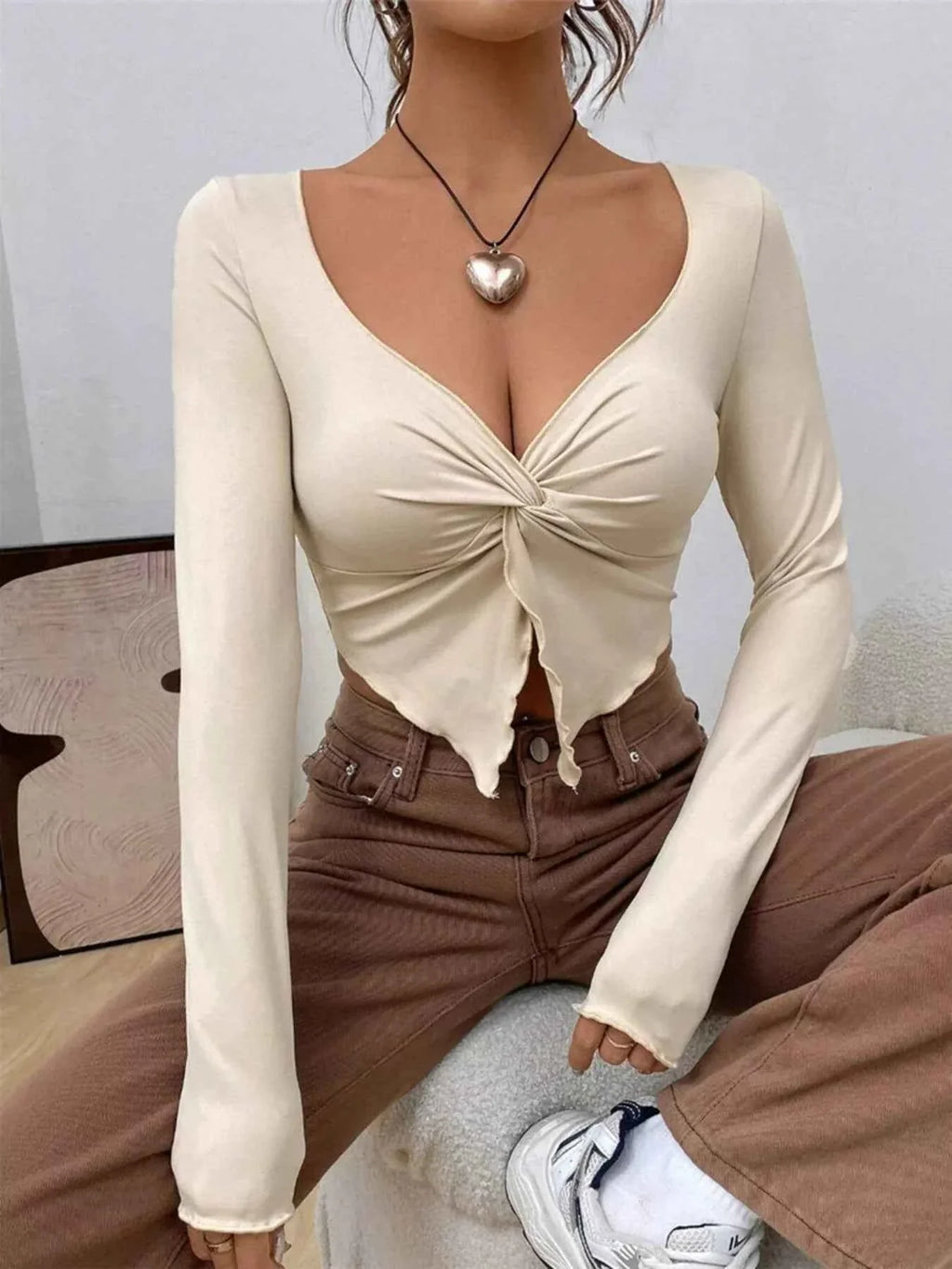 Twisted Front Long Sleeve T-Shirt Beige d96af67b734d457f8df48d12697e9674-Max-Origin