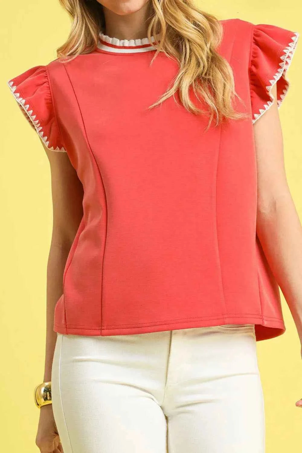 Umgee Contrast Trim Ruffle Cap Sleeve Blouse d96ce853-8e77-41ea-971c-f0c0e5529a2e-Max-Origin