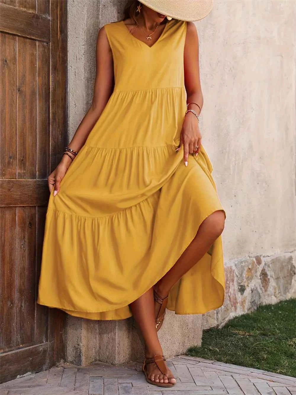 Tiered V-Neck Sleeveless Dress d97198c9dedf4a48a6949129817ee07d-Max