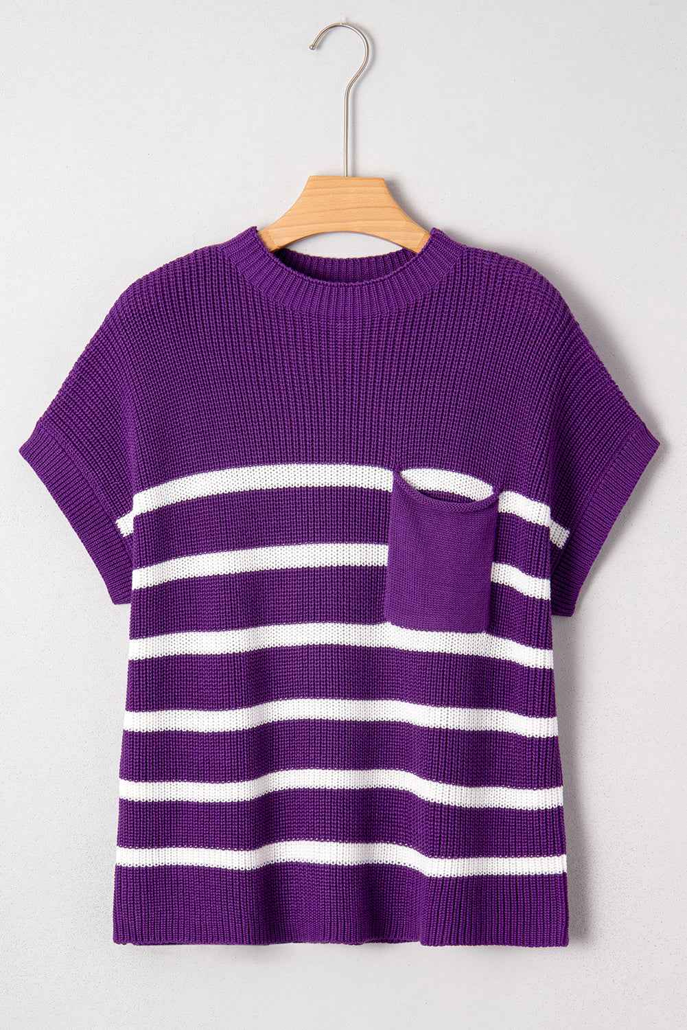 Purple Stripe Raw Edge Patched Pocket Short Sleeve Knit Sweater d971b0a79292cf13