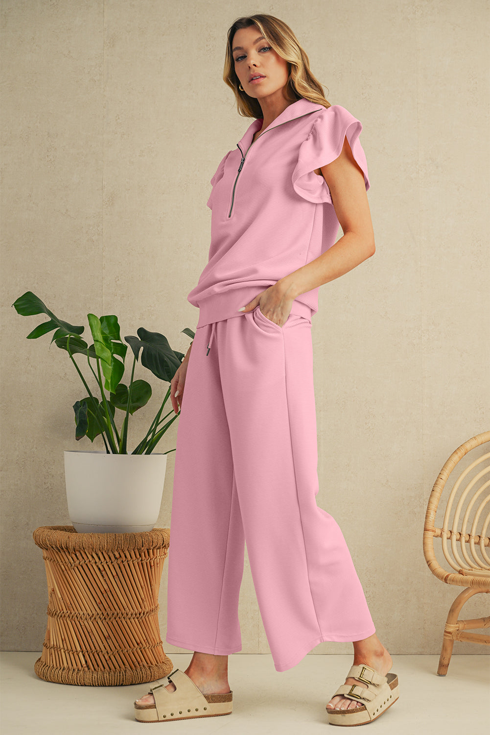 Pink Textured Ruffle Sleeve Zipped Top and Wide Leg Pants Set d97aa00d26e0eb0b