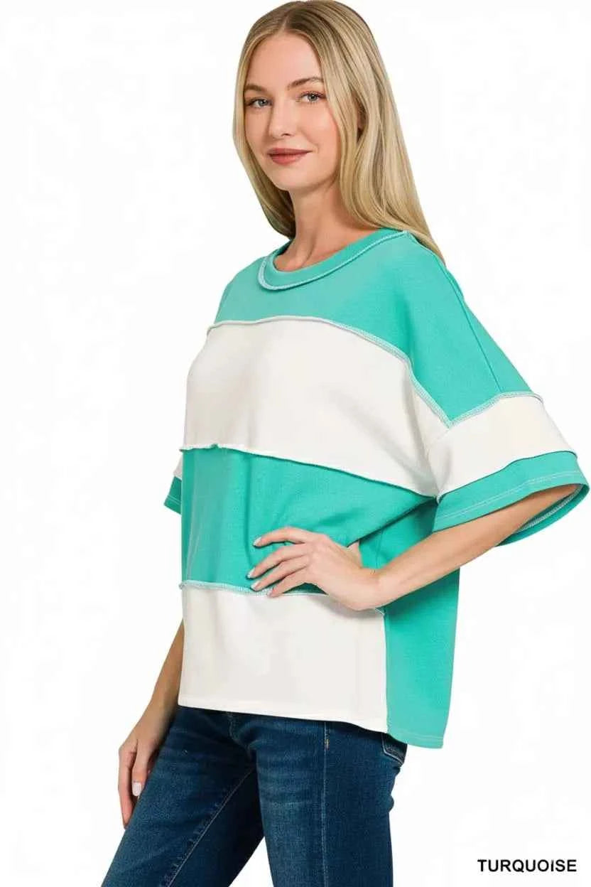 Zenana French Terry Color Block Exposed Seam Top d9822dd3-ac64-4a95-80d4-d1163cb2bfca-Max-Origin