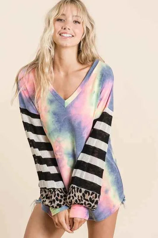 Tie Dye V Neck Top with Stripe Puff Sleeves d986ad127e72436a99121830a3e65a72-Max-Origin