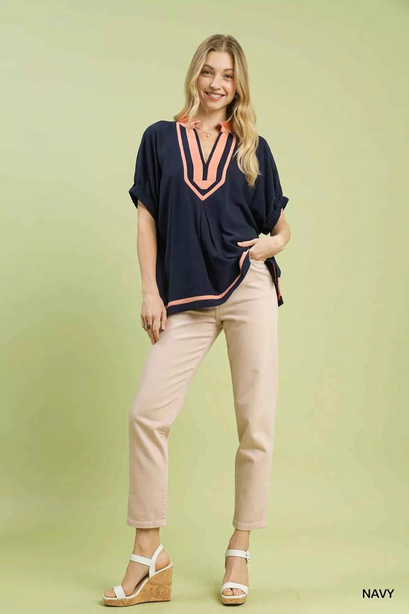 Umgee Linen Contrast Trim V-Neck Blouse d98c1a42-8e41-4498-832d-e683dfebb7e9-Max-Origin