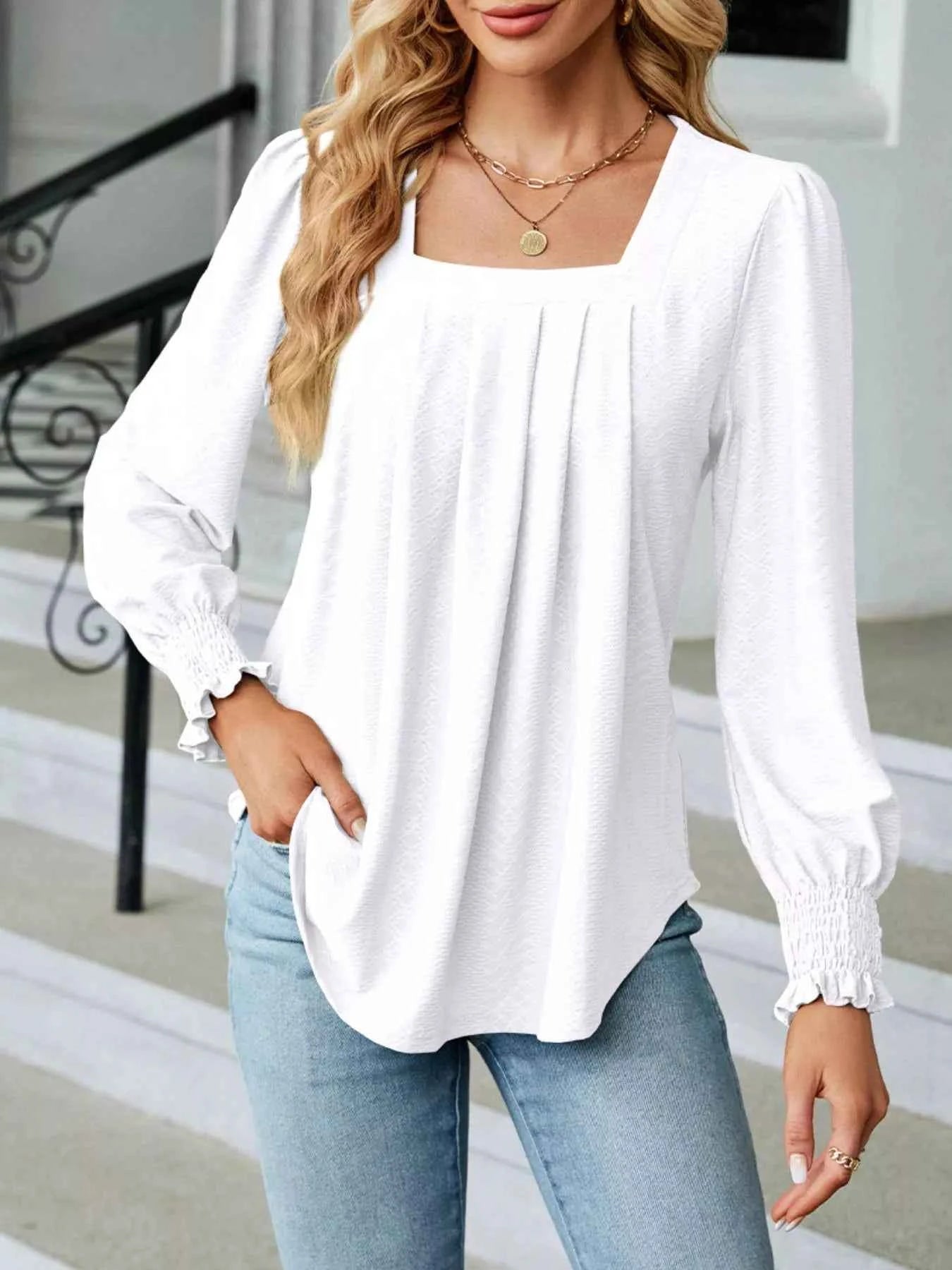 Pleated Square Neck Long Sleeve Top White d98caf34-7e70-45ea-809f-65ac3d50e93c-Max-Origin