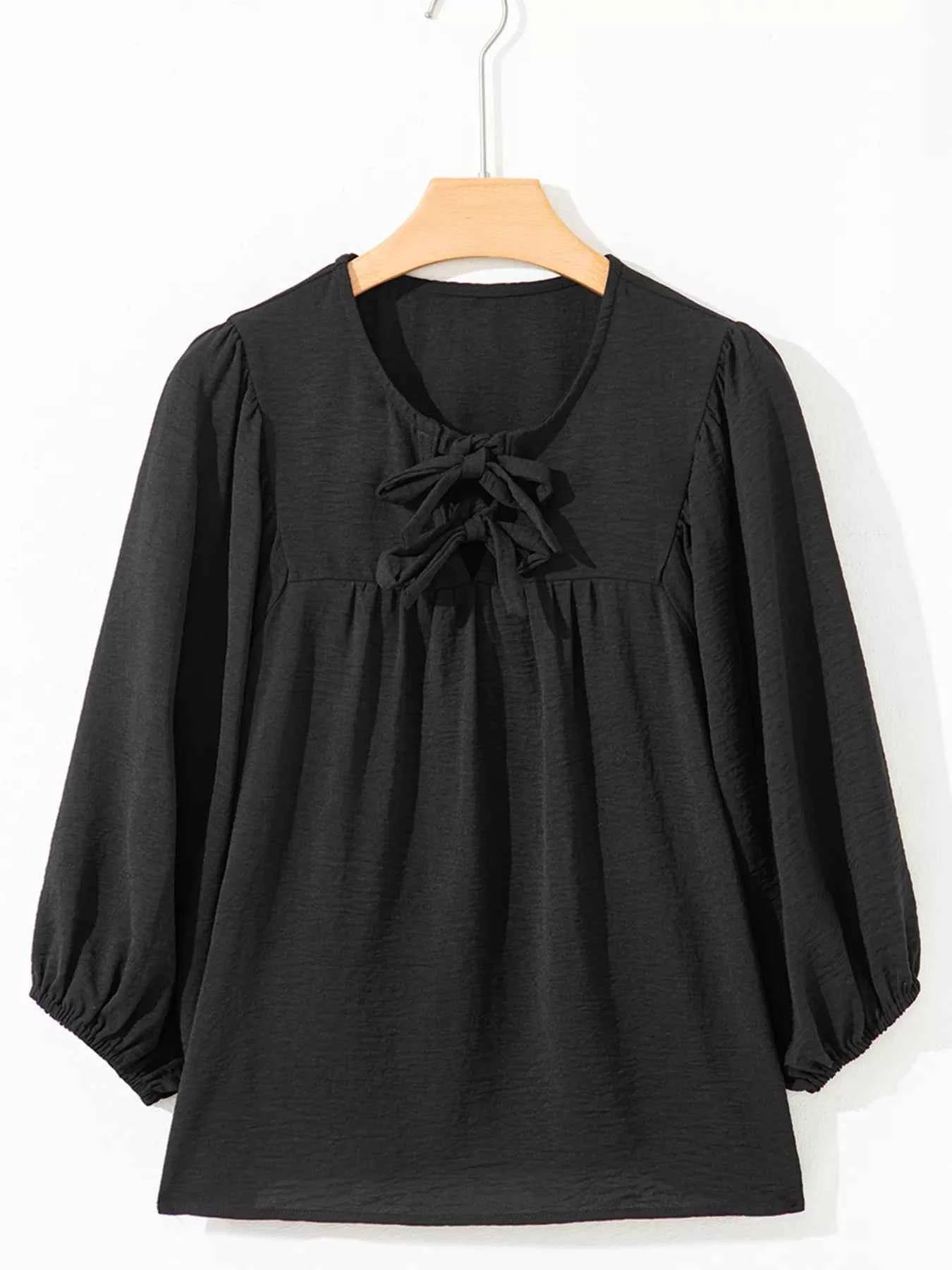 Bow Tie Neck 3/4 Sleeve Casual Blouse d99a783a3e4d47f8b1c2a3dd70ae7212-Max-Origin