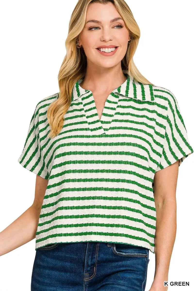 Zenana Striped Split Neck Collared Top K GREEN d99aab811b1f440086dc4f39b503df7b-Max-Origin