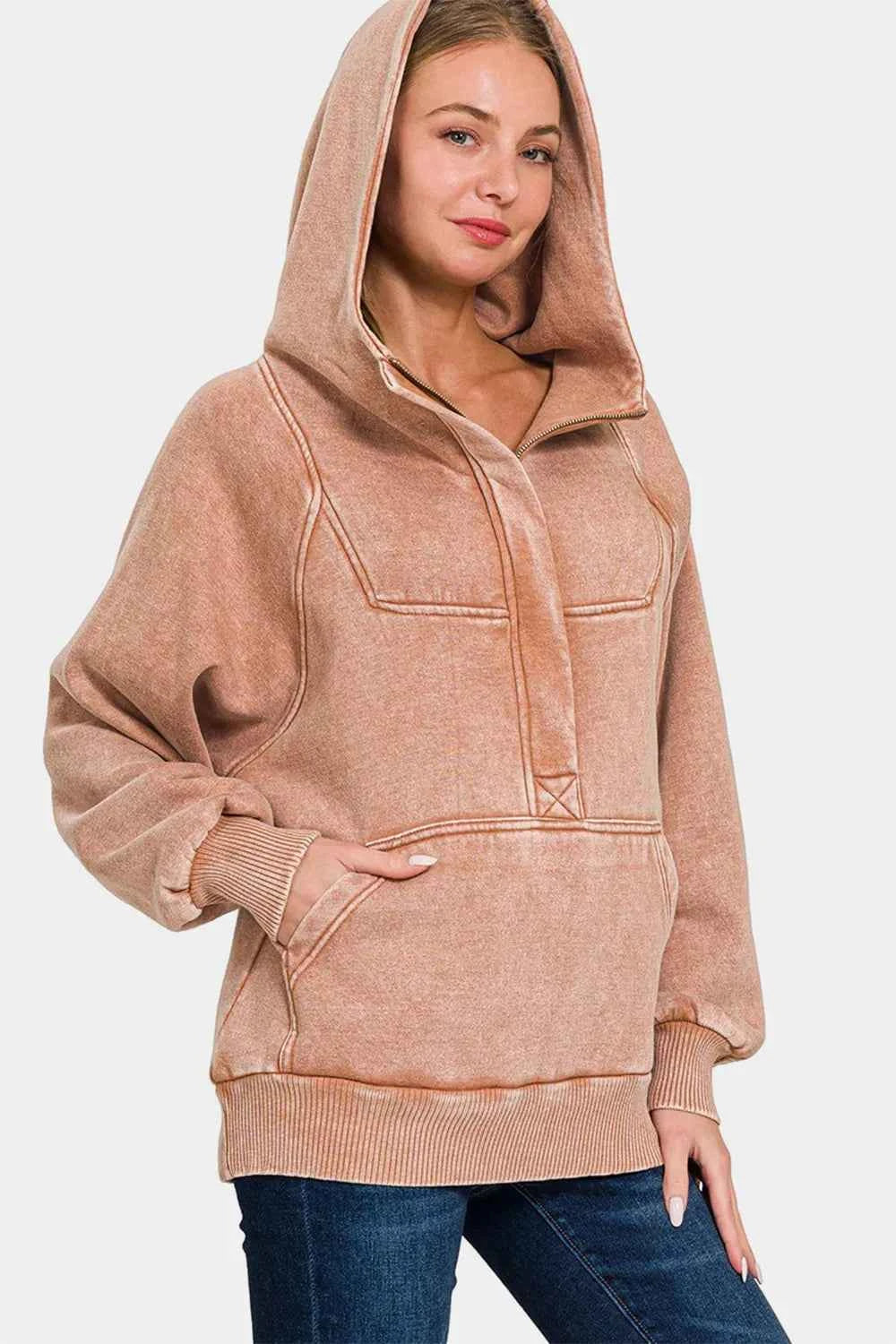 Acid Wash Fleece Kangaroo Hoodie Rust d99cba19-4c71-4a8d-96b3-e74b2ade0df8-Max