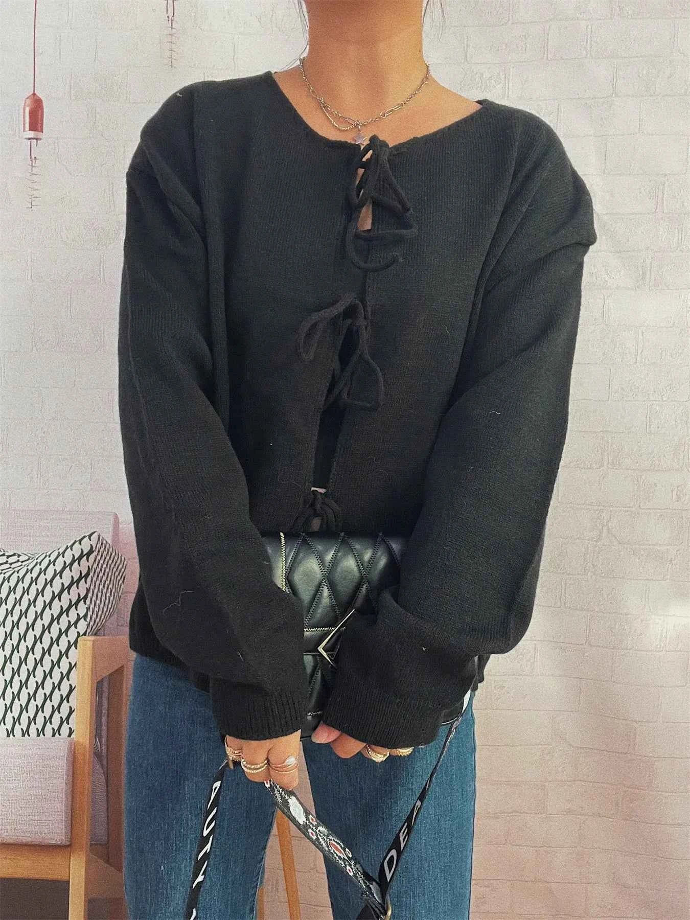 Tie Front Drop Shoulder Cardigan Black One Size d99e066387594e6bbdd4a0492cf067eb-Max-Origin