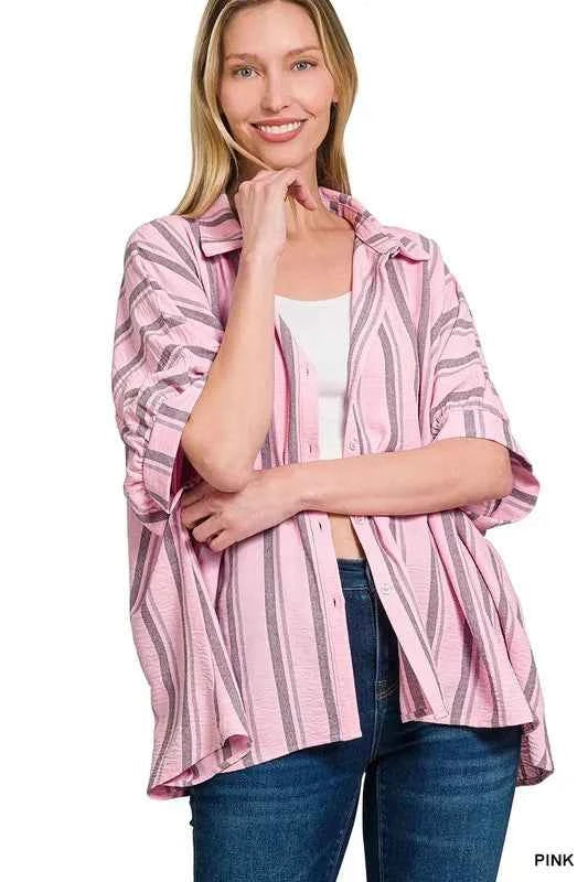 Zenana Woven Yarn-Dye Stripe Oversized Button Down Shirt d9a1608932cb40d98a7ca1794760ea42-Max-Origin