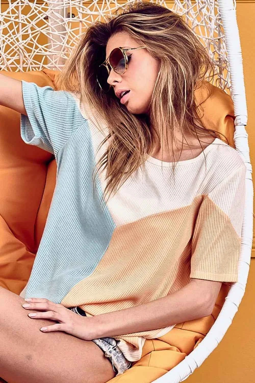 BiBi Round Neck Color Block Short Sleeve T-Shirt d9aa8e14-720e-4607-bfe5-e738f98c662d-Max
