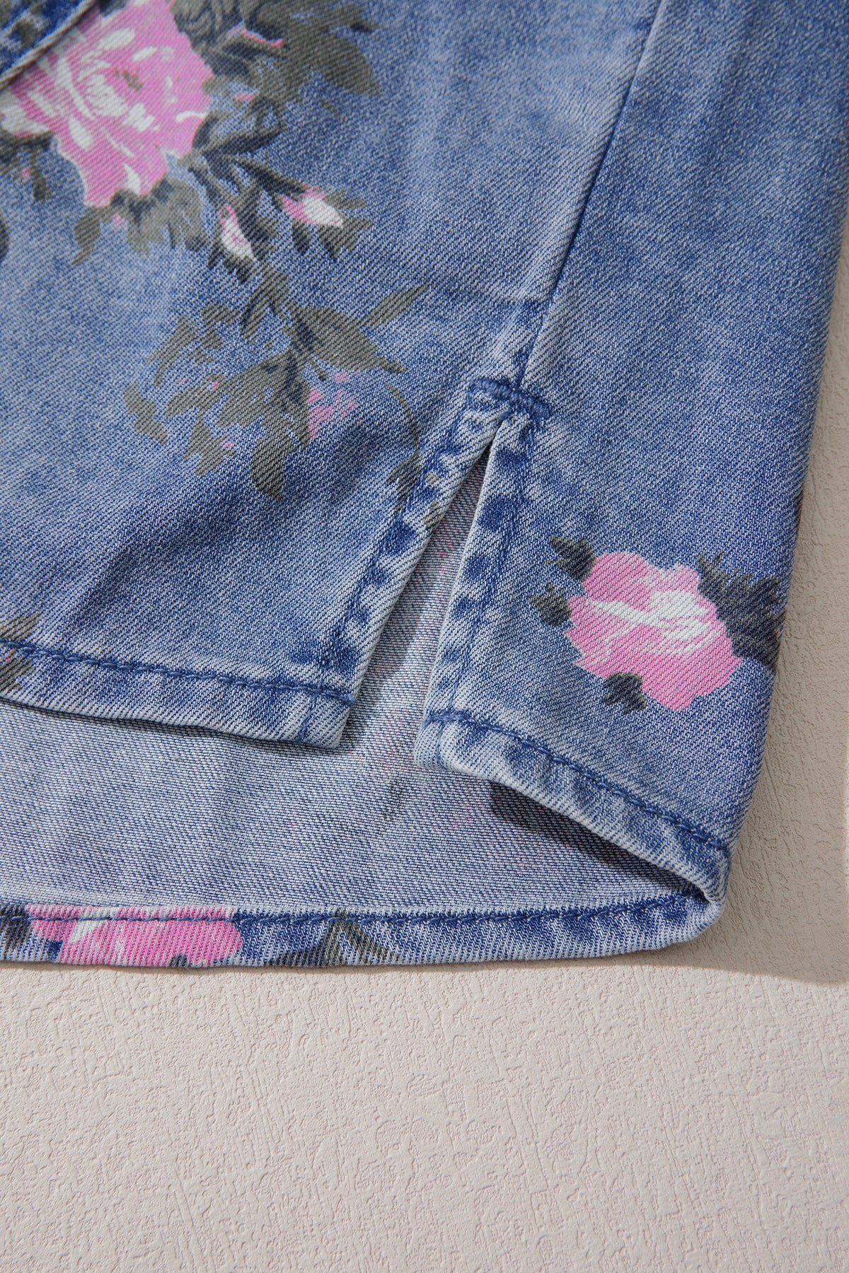 Blue Bracelet Sleeve Floral Denim Shirt d9ad9803c3bfc7a9